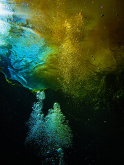 Waters mixing as blue spring water hits murky orange river water at Devil's Ear, Ginnie Springs, Florida