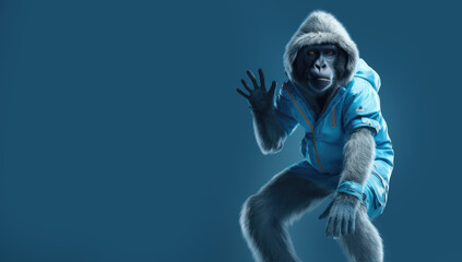 ape on snowboard against blue studio background with snow, Generative AI