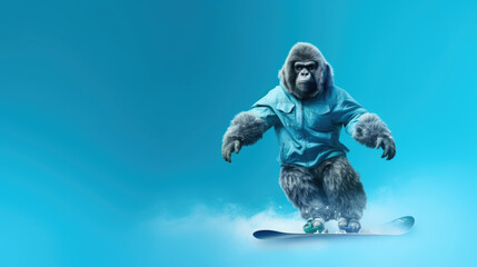 ape on snowboard against blue studio background with snow, Generative AI