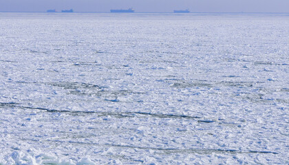 The frozen Black Sea, chunks and blocks of sea ice swaying on the water near the coast during a storm at sea near Odessa
