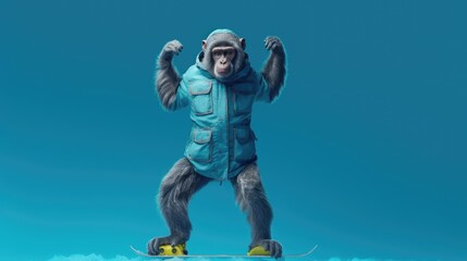 Fototapeta na wymiar ape snowboarding on blue background, Generative AI