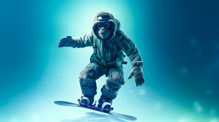 Fototapeta na wymiar ape snowboarding on blue background, Generative AI