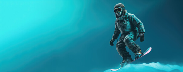 Obraz na płótnie Canvas ape snowboarding on blue background, Generative AI