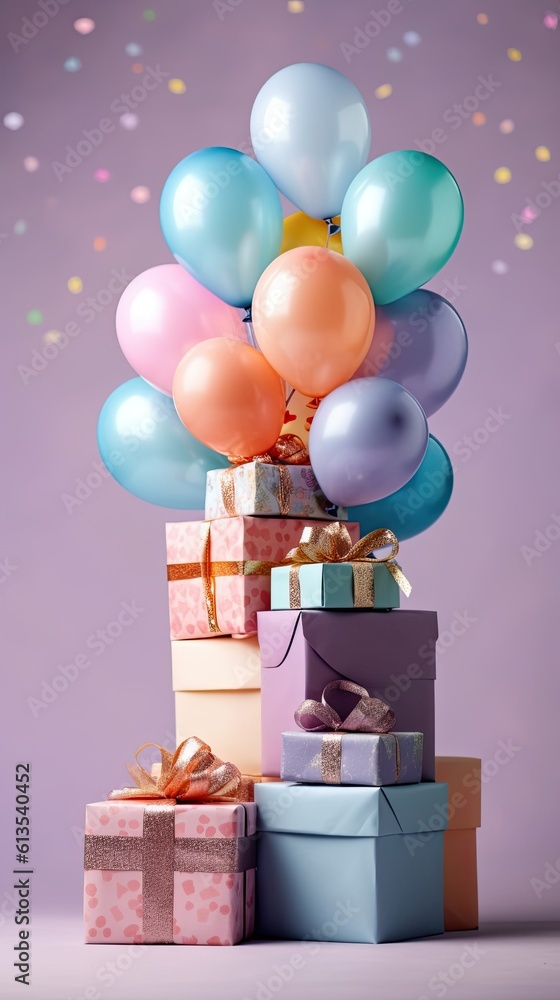 Poster various present boxes with bows and inflatable balloons birthday festive background copy space