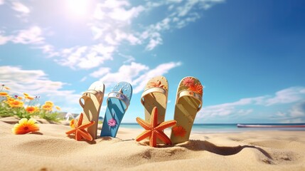 Four colorful flip flops with flower designs on the sole implanted vertically in the sand near the sea shore at a tropical beach in summer. Blue sky with clouds and sun. Vacation concept - obrazy, fototapety, plakaty