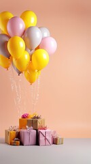 Various present boxes with bows and inflatable balloons birthday yellow pink background copy space