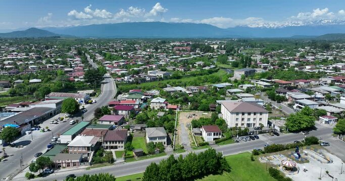 Flying over the center of Zugdidi city in Samegrelo. Georgia