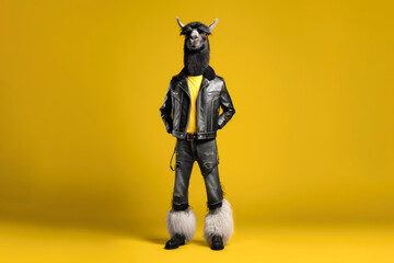 llama in dark leather clothes poses on yellow background, Generative AI