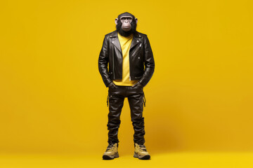 Fototapeta premium monkey bear in dark leather clothes poses on yellow background, Generative AI