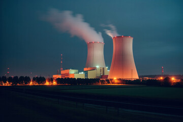 Nuclear power plant after sunset. Dusk landscape with big chimneys. power plant at night. night lights of nuclear power station. environmental protection air pollution concept