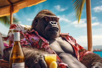 gorilla character sunbathing with cold drink in summer vacation, Generative AI - obrazy, fototapety, plakaty