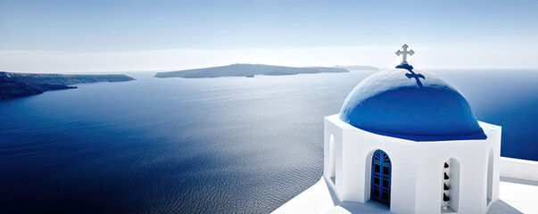 Greek style church with blue dome and cross overlooking the ocean.