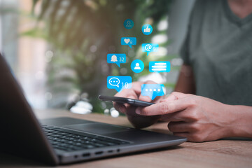 Social media marketing concept on virtual screen, Women use mobile phone with notification icons of...