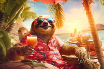sloth character sunbath on deckchair with cold drink during a tropical summer vacation, Generative AI