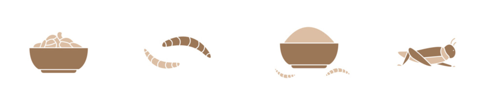 Edible grasshopper modern circular icon set, fried mealworms concept, insect food icons, roasted insect emblems, crickets bowl symbols isolated on white background