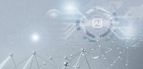 Artificial Intelligence system and steel plexus with connected lines and dots on gray background. Abstract digital big data concept.