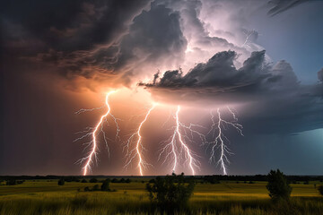 Thunder and lightning storm with forked lightning above fields.