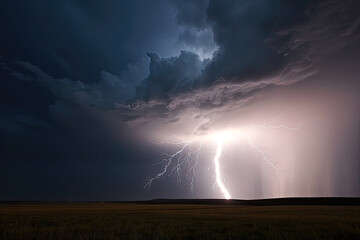 Naklejka na ściany i meble Lightning storm strike over fields landscape.
