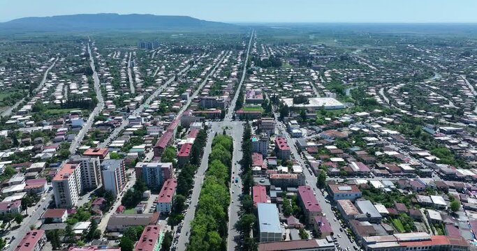 Flying over the center of Zugdidi city in Samegrelo. Georgia