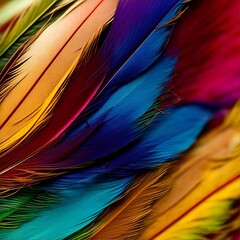 Multicolored bright feathers, texture, macro, close-up, background, rainbow colors.