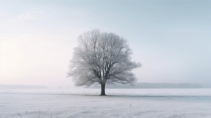 Fototapeta na wymiar A Lone Tree in a Serene Winter Wonderland: The Tranquil Beauty of Nature on a White Frosty Morning. Generative AI
