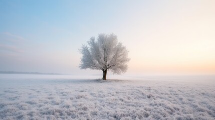 Fototapeta na wymiar A Solemn Winter Wonderland: Single Tree in a Snowy Frosty Field on a Tranquil Morning, Generative AI