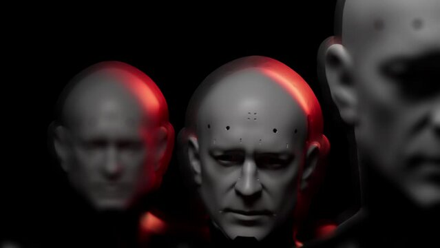 the confident gait of a group of hypertonic robots or soldiers . close-up portraits