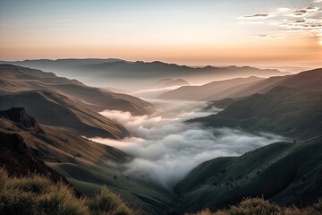 Misty valley landscape.