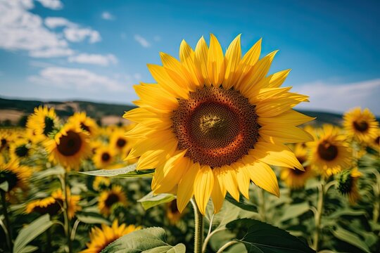 Summer Sun Brightening Up a Yellow Sunflower Field of Flora and Nature. Generative AI