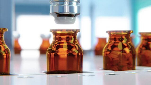 Jar filling with pills on a packaging line in a pharmaceutical factory - looped video. 3d render