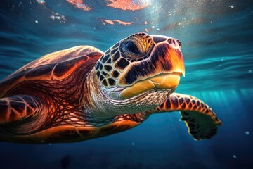 Fototapeta premium a green sea turtle gracefully swimming in clear blue ocean waters
