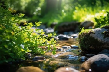 Obraz na płótnie Canvas Illustration of a serene stream flowing through a vibrant green forest, Generative AI