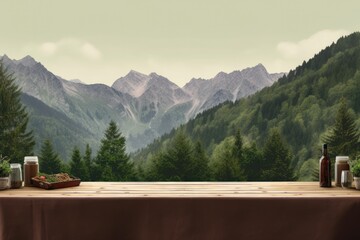 a table in front of a majestic mountain landscape painting