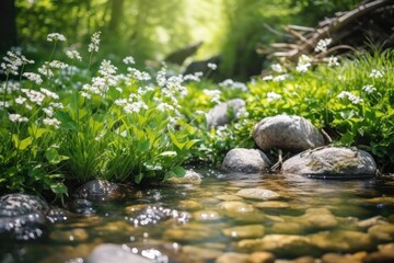 Fototapeta na wymiar Illustration of a serene stream flowing through a vibrant green forest, Generative AI