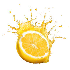 Isolated half lemon wrapped with a large splash of juice on cutout PNG transparent background. Generative AI