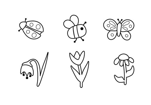 Bundle of bugs and flowers vector cut files isolated on white background. Stencil childish butterfly, ladybug, bumble bee, daisy, tulip and bell flowers line illustration
