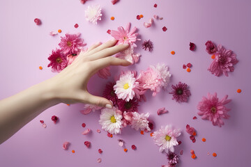 Plakat Top view with hand of young woman picking flowers on pink background