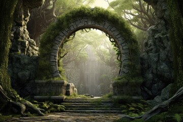 Fototapeta premium Illustration of a winding tunnel surrounded by trees and foliage in a mystical forest setting, Generative AI