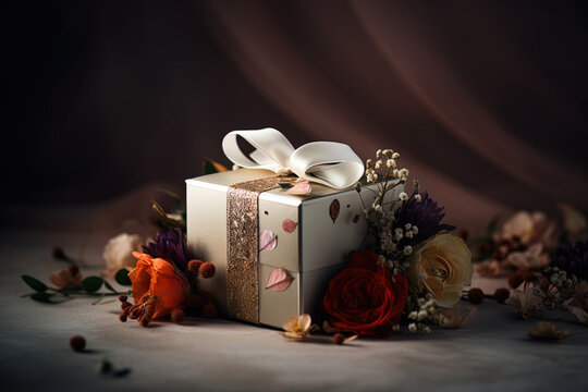 Front view with fashion gift box on table, flowers and dark background
