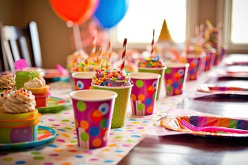 vibrant display of paper cups, napkins, and plates sets the tone for the kids birthday party