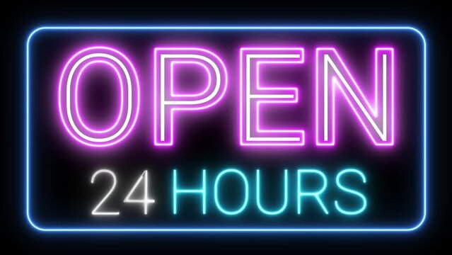 open 24 hours neon animation shop advertising night led neon billboard.