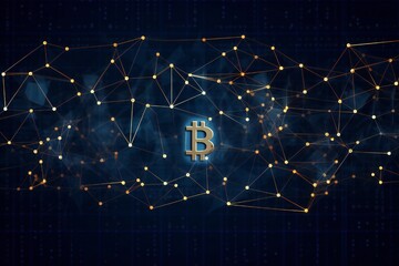 Fototapeta premium Golden bitcoin with digital blockchain connections coming out of it on dark blue background Generative AI