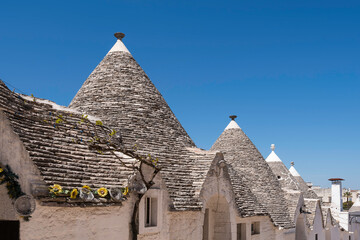Fototapeta na wymiar Scenic view of trulli whitewashed huts with conical roofs in Alberobello in Apulia in Italy 
