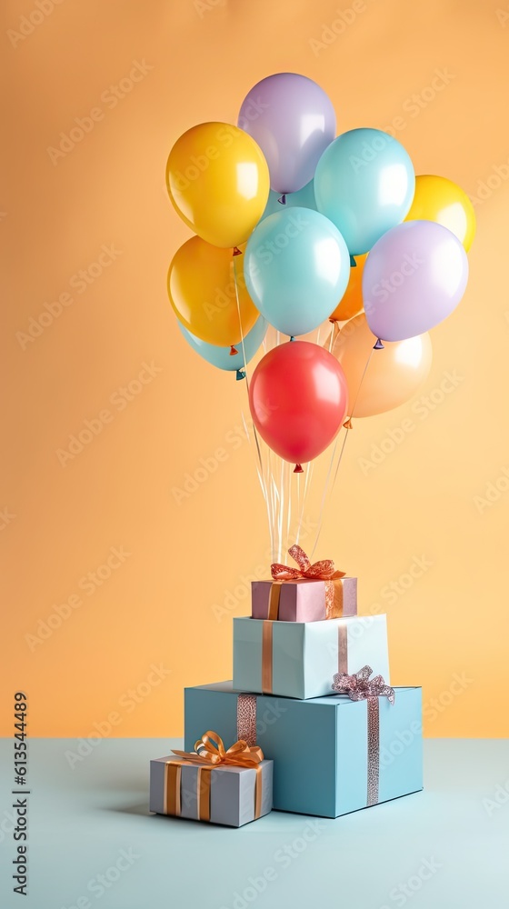 Poster various present boxes with bows and inflatable balloons birthday background copy space vertical