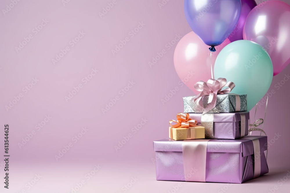 Poster various present boxes with bows and inflatable balloons birthday violet background copy space