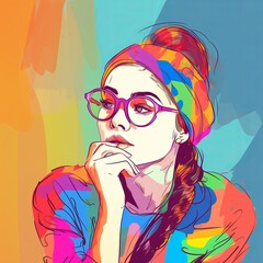 White young woman in thinking and doubts illustration. Female hipster character with dreamy face on abstract background. Ai generated bright colorful poster. Generative AI