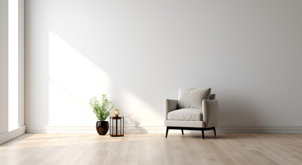 Modern minimalist interior with an armchair on empty white color wall background.