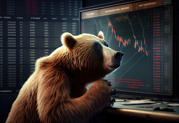 Wall Street Bear Watching Stock Market Graph Chart Panic Praying Crash Crisis Money Loss Wallstreet trading loss volatile funds short sell - obrazy, fototapety, plakaty
