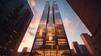 Fototapeta premium skyscraper of tall buildings at sunset stock photo, in the style of light bronze and dark amber (Generative AI)