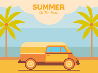 background summer trip by car and view on the beach, coconut trees, beach, sea, summer vacation.landscape, banner, poster, cover, print. summer on the road.